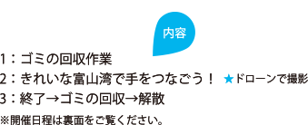 内容　1：ゴミの回収作業　2：きれいな富山湾で手をつなごう！ドローンで撮影　3：終了→ゴミの回収→解散